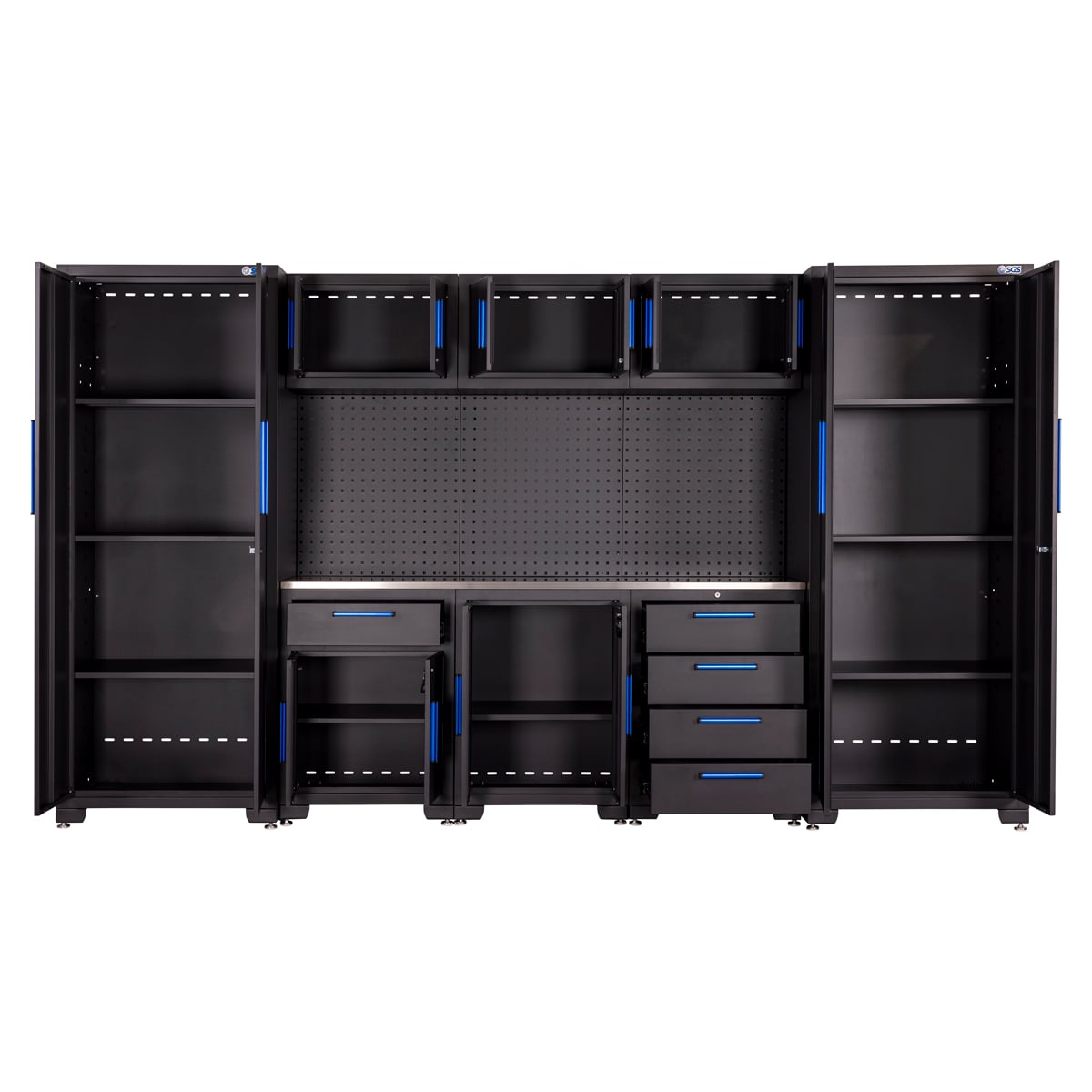 SGS 9pc Garage Storage System with Pegboard | Stainless Steel Worktop | 3x Floor Cabinets | 3x Upper Cabinets | 2x Tall Double Side Cabinets
